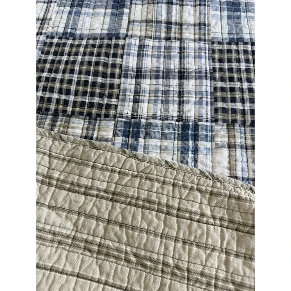 Eddie Bauer Plaid Quilt Blue Gray Cream Twin Throw Vtg 90s Rustic Cabin Cottage